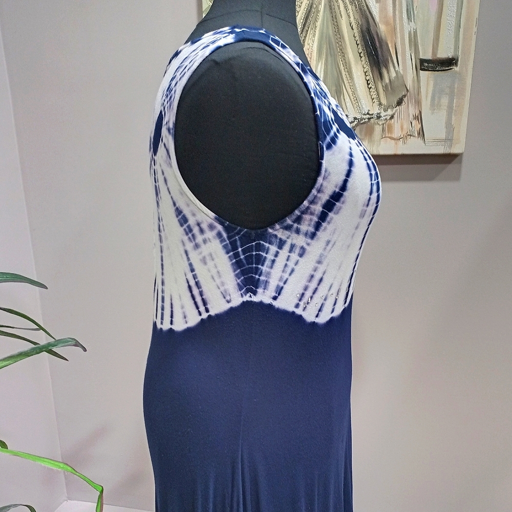 Plus Size Belldini Navy & White Tie Dye Sleeveless Hi-Lo Tunic Top - Picture 6 of 13